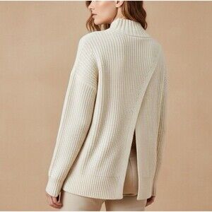 Sézane Emilia Size L Ecru Chunky Ribbed Split Back Mock Neck Sweater Jumper